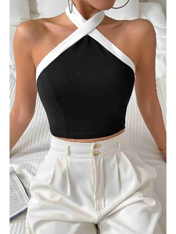 İnci Detaylı Boyundan Bağlamalı Crop Bluz Siyah Merry See MS3911 Siyah