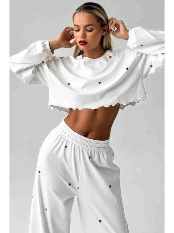 Kalp Baskılı Uzun Kollu İnce Kumaş Dökümlü Pijama Takımı Merry See MS2386 Beyaz