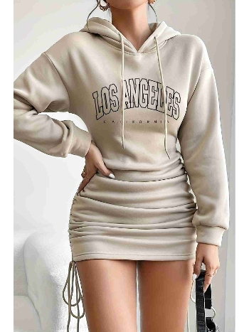 Kapşonlu Yandan Büzgülü Ayarlı Baskılı Uzun Oversize Sweatshirt Elbise Merry See MS3803 Bej