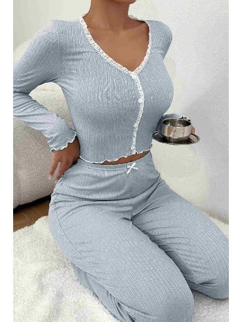 Önden Düğmeli Uzun Kollu Şık Pijama Takımı Mavi Merry See MS4420 Mavi