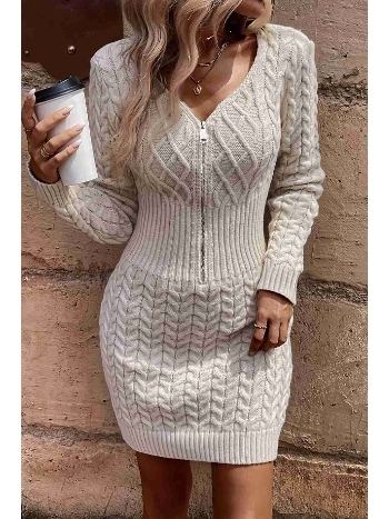 Uzun Kollu Fermuarlı Triko Örme Mini Elbise Bej Merry See MS3802 Bej