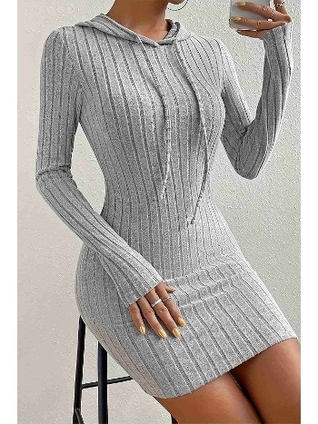 Uzun Kollu Kapşonlu Mini Elbise Merry See MS3801 Gri