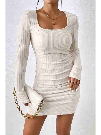 Uzun Kollu Özel Kumaş Mini Elbise Bej Merry See MS2958 Bej