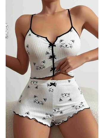 Yavru Kedi Baskılı Askılı Şortlu Pijama Takımı Beyaz Merry See MS2382 Beyaz