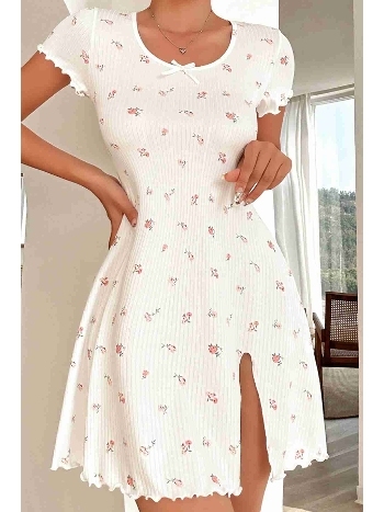 Yırtmaçlı Kısa Kollu Pijama Gecelik Beyaz Merry See MS4022 Beyaz