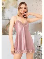 İnce Askılı Yandan Yırtmaçlı Saten Gecelik Miss Laris 2082