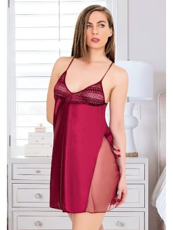 Transparan Yırtmaçlı Saten Gecelik Lacivert Miss Laris 2097