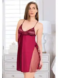 Transparan Yırtmaçlı Saten Gecelik Lacivert Miss Laris 2097