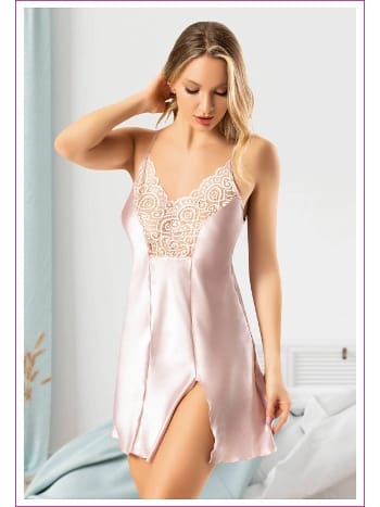 Kısa Yırtmaçlı Askılı Saten Gecelik Siyah-Gri Miss Laris 2110