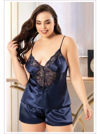 Battal Beden İnce Askılı Saten Şortlu Pijama Takımı Miss Laris 4229