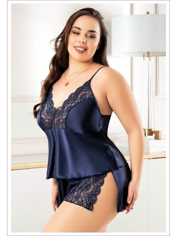 Lacivert Büyük Beden Kadın Saten Şortlu Takım Miss Laris 4243