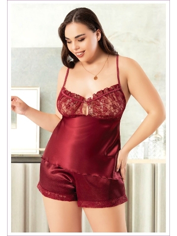 Dantelli İnce Askılı Büyük Beden Saten Şortlu Takım Miss Laris 4244