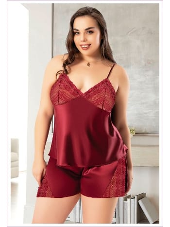 Büyük Beden Bordo Saten Şortlu Takım Miss Laris 4249
