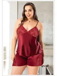 Büyük Beden Bordo Saten Şortlu Takım Miss Laris 4249