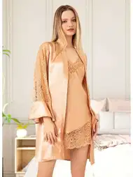 Volanlı Saten Gecelik Takım Nar Çiçeği Miss Laris 5028