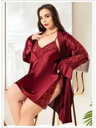 Derin Yırtmaçlı Saten Gecelik Takım Pembe Miss Laris 6010