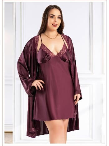 Büyük Beden Dantelli Saten Gecelik Sabahlık Takım Miss Laris 6013