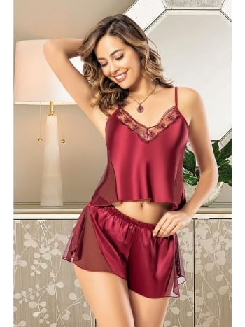 Bordo Saten Şort Takım Kadın Pijama Takımı Miss Laris 3019