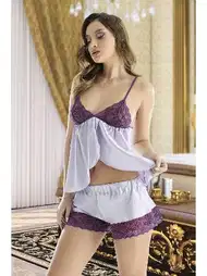 Mor Dantel Detaylı Saten Şortlu Pijama Takımı Nathalie 1020