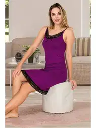Mor Dantelli İnce Askılı Kadın Gecelik Viskon Tunik Lady 5522