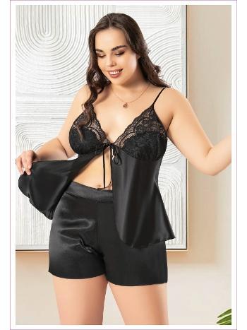 Önden Bağlamalı Büyük Beden İnce Askılı Saten Şort Pijama Takımı Miss Laris 4241