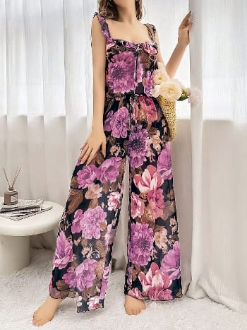 Pembe Çiçek Desenli Siyah Asklı Bluz Pantolon Takım Pink Night 1458