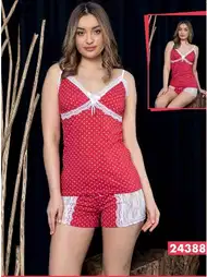 Dantelli Askılı Şortlu Pijama Takımı Kırmızı Polkan 24388