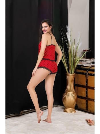 Puantiyeli Dantelli Mini Şortlu Pijama Takım İzabel 0114 - 2