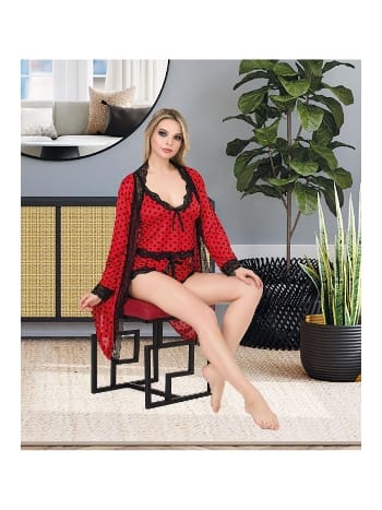 Puantiyeli Dantelli Şortlu Sabahlık Takım İzabel 8009