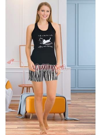 Çizgili Kedili Şortlu Pijama Takımı Lady 7724