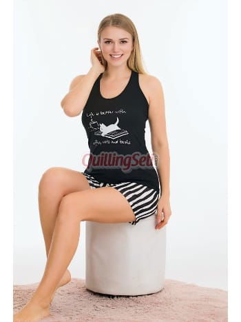 Çizgili Kedili Şortlu Pijama Takımı Lady 7724 - 2