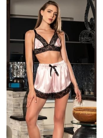 Pudra Beyaz Çizgili Askılı Saten Şortlu Takım Nathalie 1001