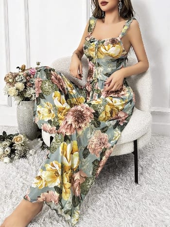 Çiçek Desenli Askılı Bluz Pantolon Takım Lila Pink Night 1453