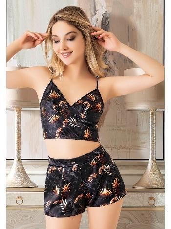 Saten Desenli İnce Askılı Büstiyer Şort Pijama Takım Miss Laris 3077 - 2