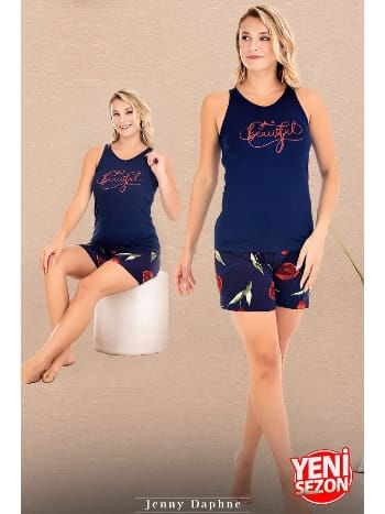 Viskon Çiçek Desenli Sıfır Kollu Şortlu Pijama Takımı Lady 7728