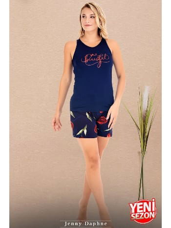 Viskon Çiçek Desenli Sıfır Kollu Şortlu Pijama Takımı Lady 7728 - 2