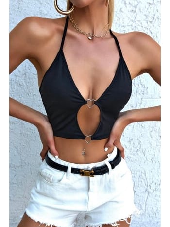 Şık Kalpli Aksesuarlı Crop Büstiyer T-shirt Merry See AN1009 Siyah