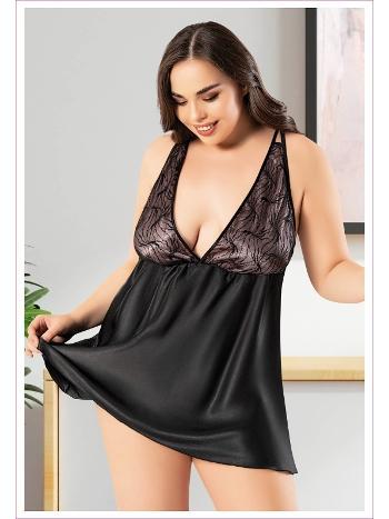 Sırtı Çapraz Askılı Büyük Beden İnce Askılı Siyah Gecelik Miss Laris 4041