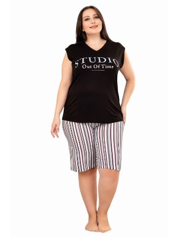 Siyah Beyaz Çizgili Desen Büyük Beden Şort Takım Lady 10402