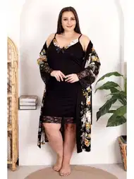 Çiçek Desenli Somon Gecelik Sabahlık Takımı Lady 19202