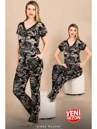 Siyah Çiçekli Desenli Düğmeli Kısa Kollu Pijama Takımı Lady 12499