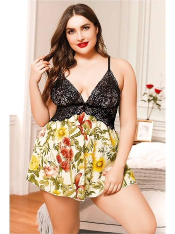 Siyah Dantel Çiçekli Büyük Beden Gecelik Pink Night 6608