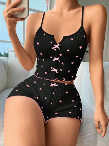 Dantel Detaylı Askılı Şort Takım Siyah Lily Bianca 13011