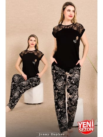 Siyah Renk Dantel Detaylı Pijama Takımı Lady 12488