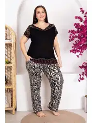 Siyah Zebra Desenli Kısa Kol Büyük Beden Pijama Takımı Lady 10951