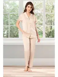 Dantel Detaylı Somon Kısa Kollu Pijama Takımı Pink Night 1204