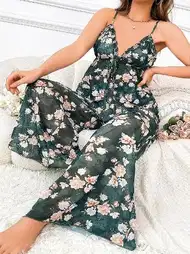Çiçek Desenli İnce Askılı Büyük Beden Pijama Takımı Pink Night 6956