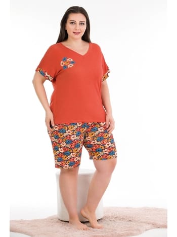 Turuncu Çiçek Desenli Şortlu Pijama Takımı Lady 10392