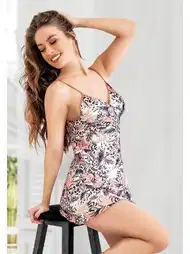 Çiçek Desenli İnce Askılı Saten Kadın Gecelik Miss Laris 2067