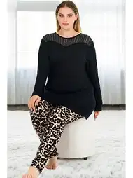Leopar Desenli Uzun Kollu Büyük Beden Kadın Pijama Takımı Lady 11387